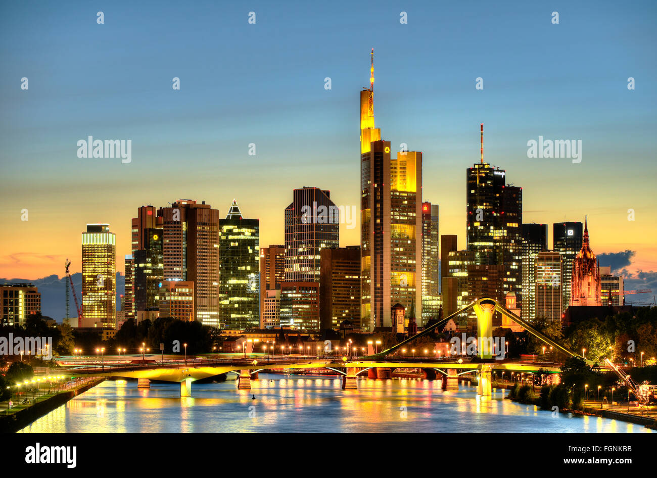 Skyline and financial district at dusk, TaunusTurm, Tower 185, Commerzbank, Messeturm, Helaba Landesbank Hessen, German Bank Stock Photo