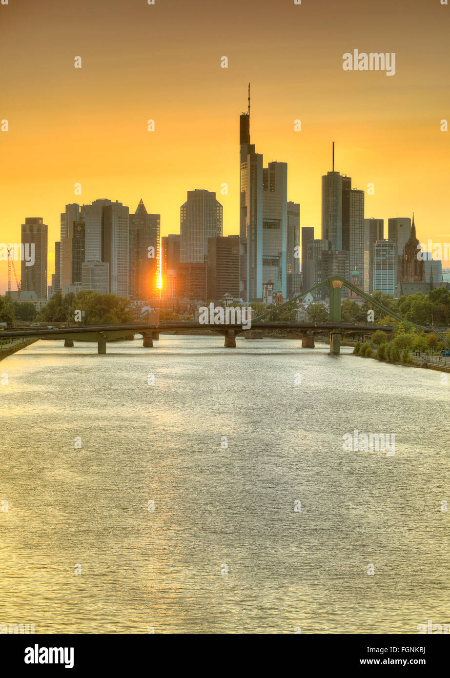 Skyline and financial district at sunset, twilight, TaunusTurm, Tower 185, Commerzbank, Messeturm, Helaba Landesbank Hessen Stock Photo