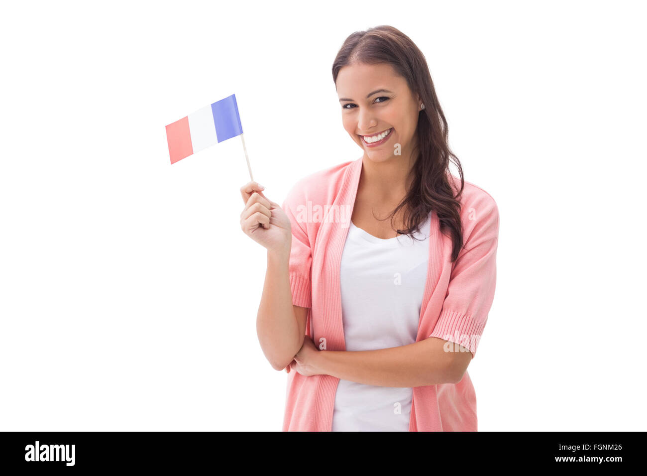 Pretty smiling and holding french flag Stock Photo Alamy
