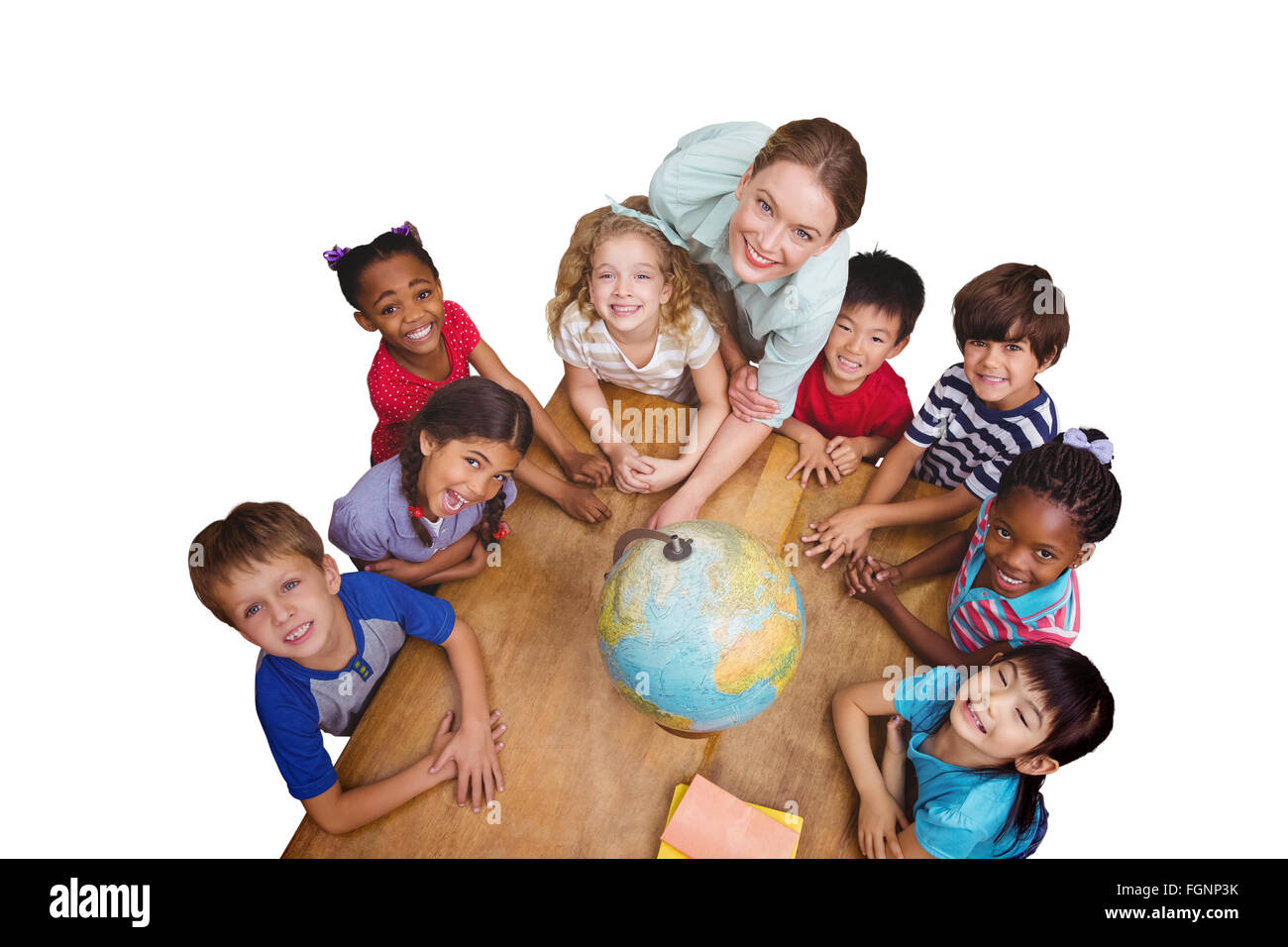 Composite image of cute pupils smiling around a globe in classroom with ...