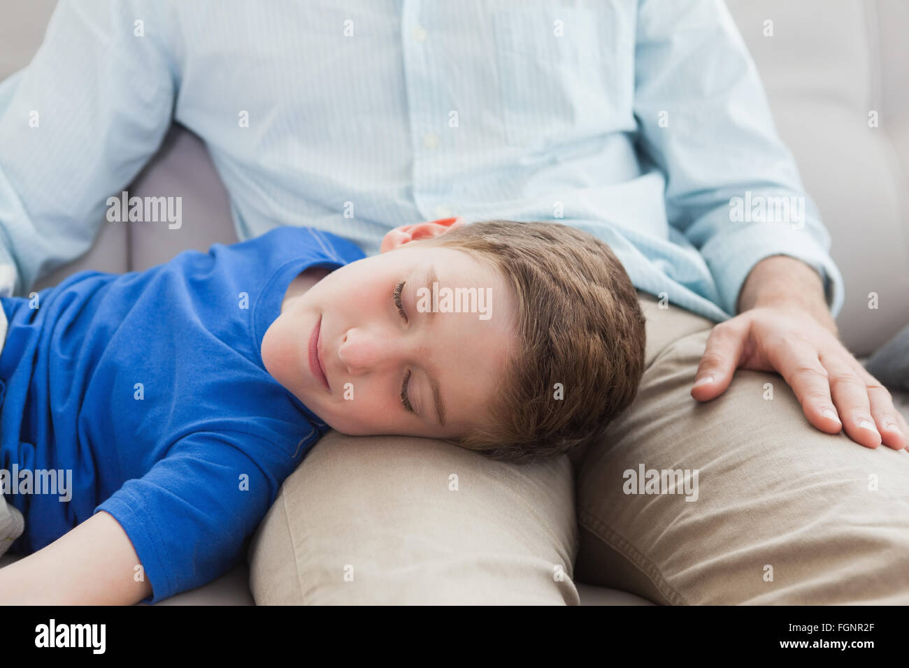 Father and son using napping on the couch Stock Photo Alamy