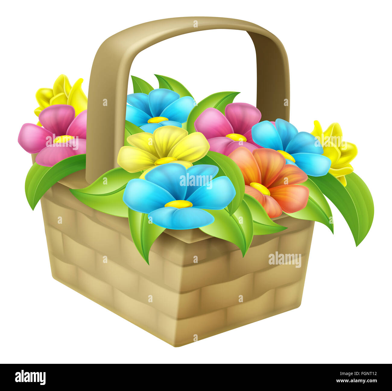 A beautiful floral gift basket full of flowers like those given on mothers day or similar occasions Stock Photo