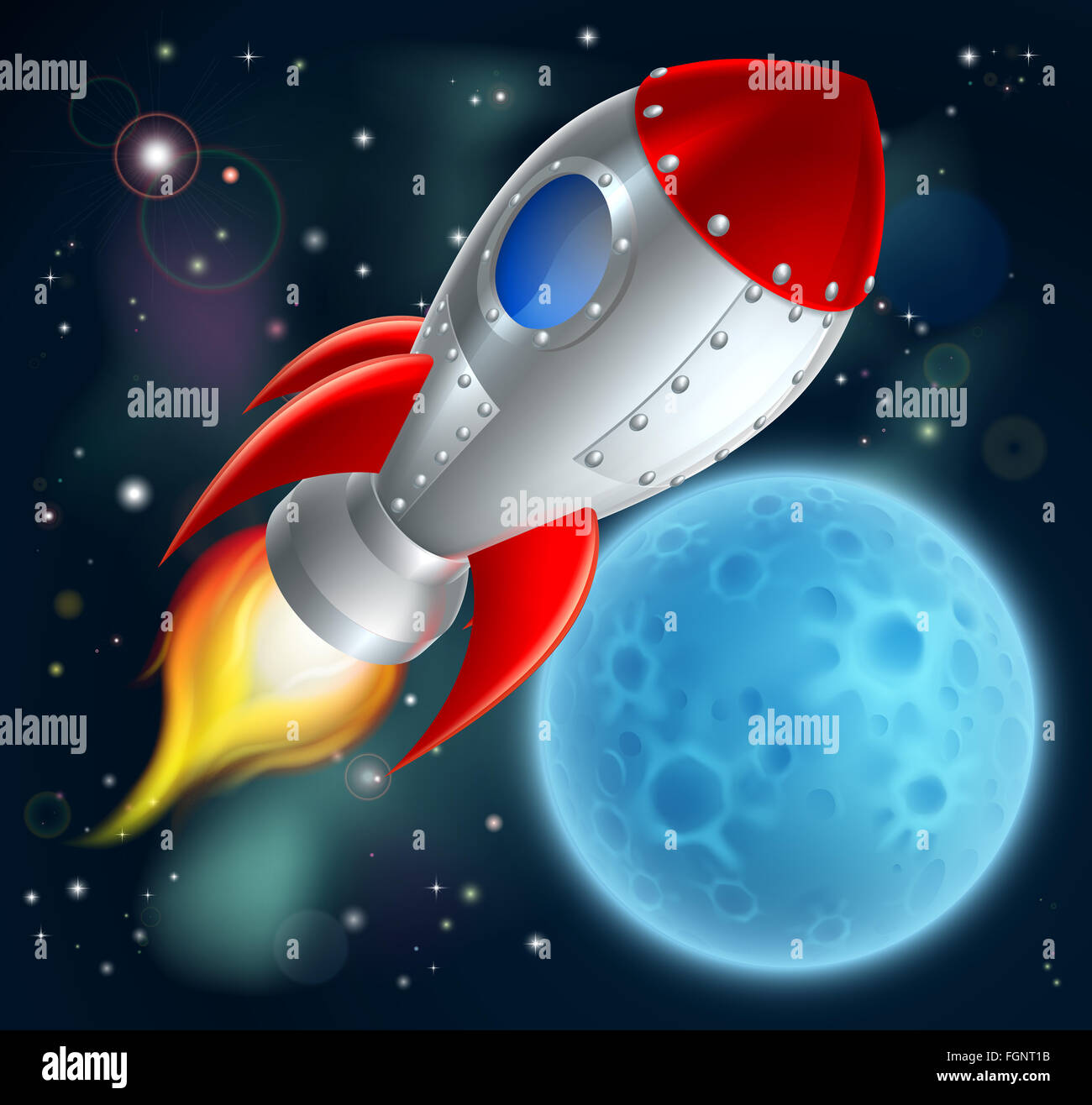 An illustration of a cartoon space rocket ship or space ship flying through  space with a moon or planet in the background Stock Photo - Alamy