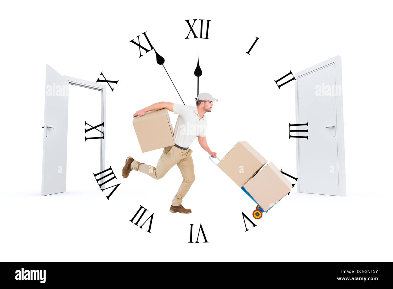 Composite image of delivery man with trolley of boxes running Stock Photo
