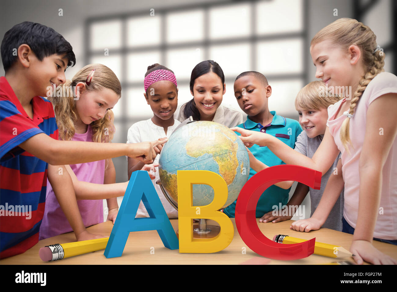 Composite image of cute pupils and teacher looking at globe in library ...