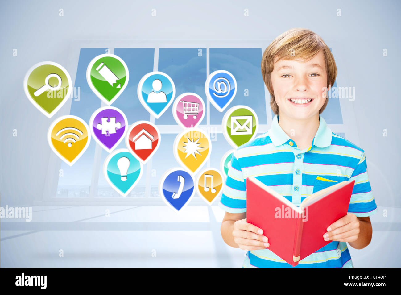 Composite image of cute pupil smiling at camera in library Stock Photo ...