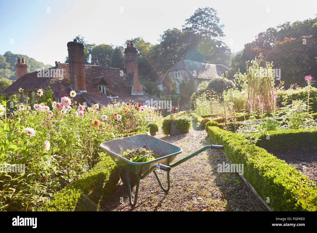 Wheelbarrow in sunny formal garden Stock Photo