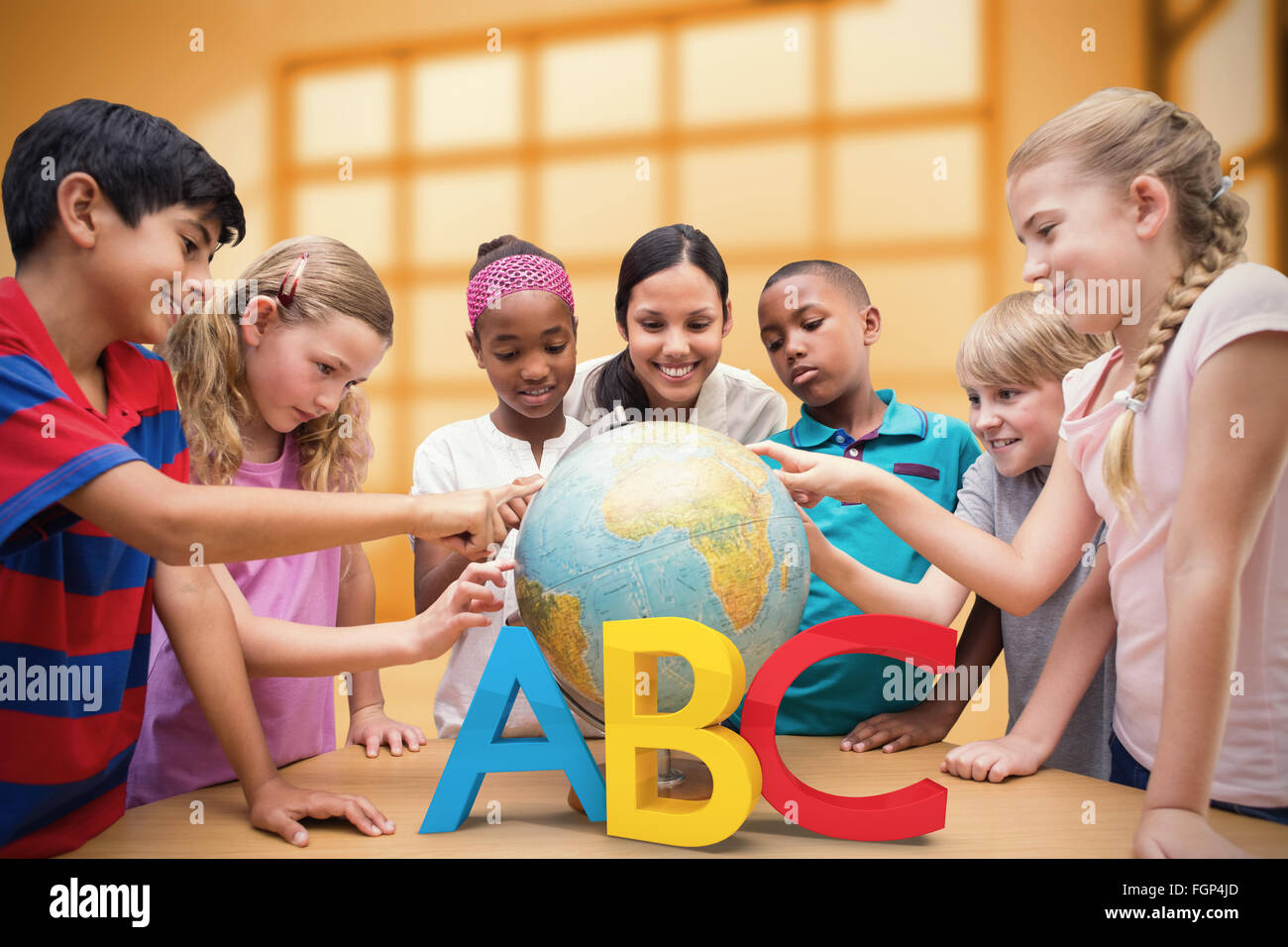 Composite image of cute pupils and teacher looking at globe in library ...
