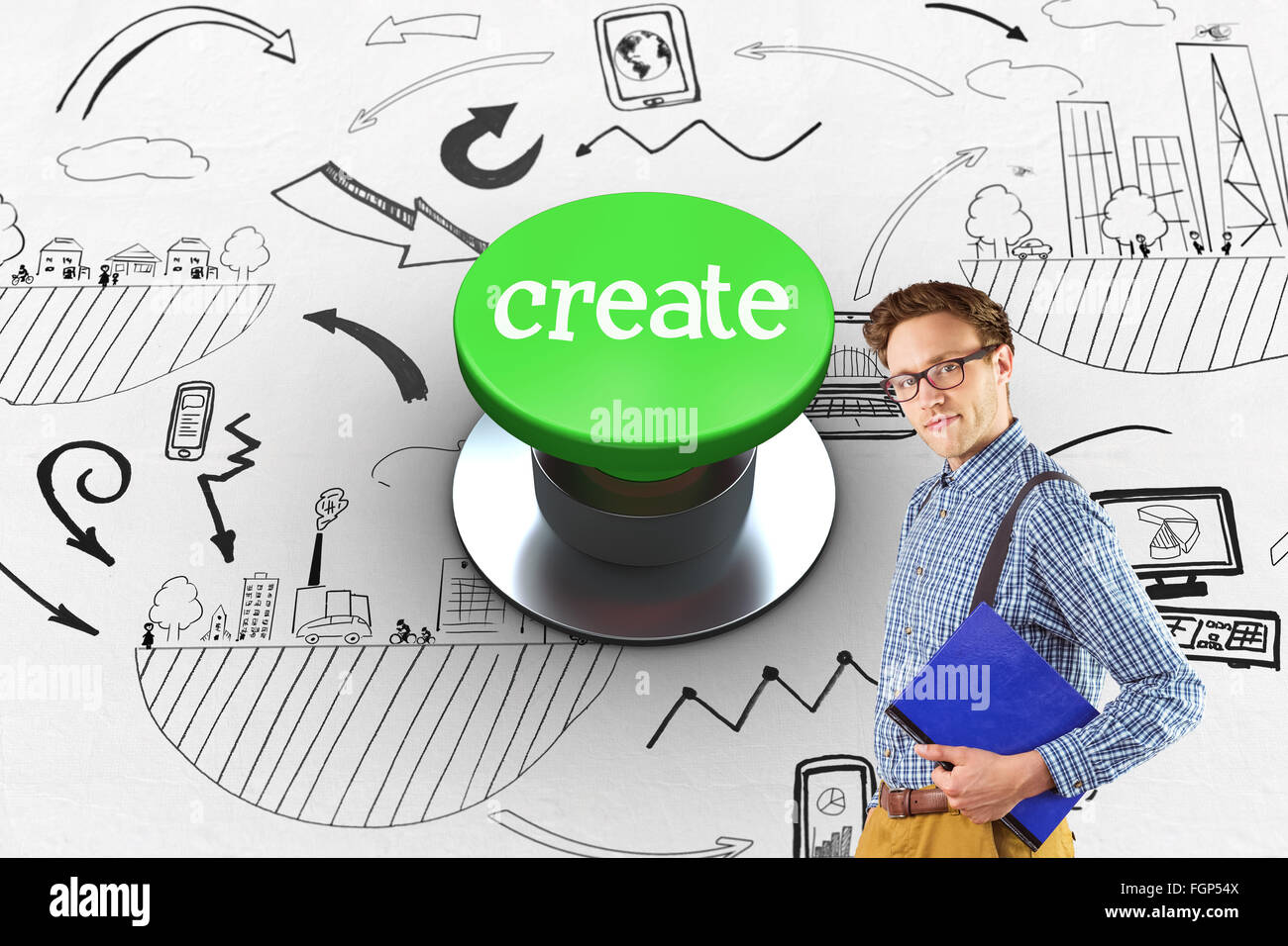 Create against digitally generated green push button Stock Photo