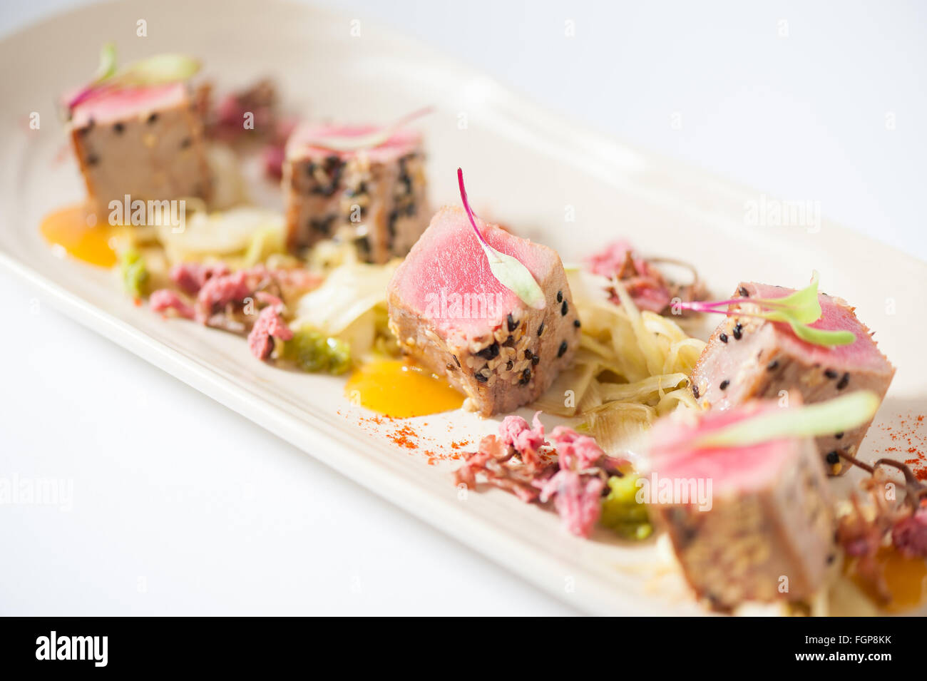 Modern style Japanese food, Burned tuna with herbs Stock Photo