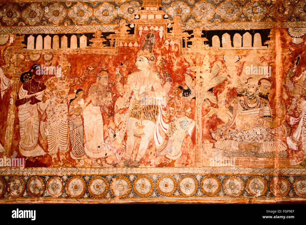 Mural painting on ceiling , Veerbhadra temple. Shiva Parvathi's marriage. Lepakshi , Andhra Pradesh, India Stock Photo