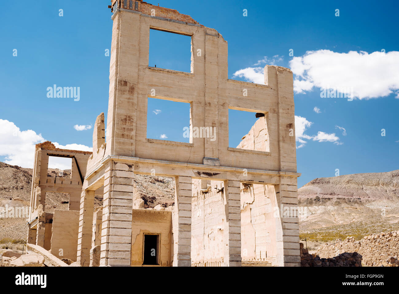 The remains of Cook Bank in the desert ghost town of Rhyolite, Nevada Stock Photo