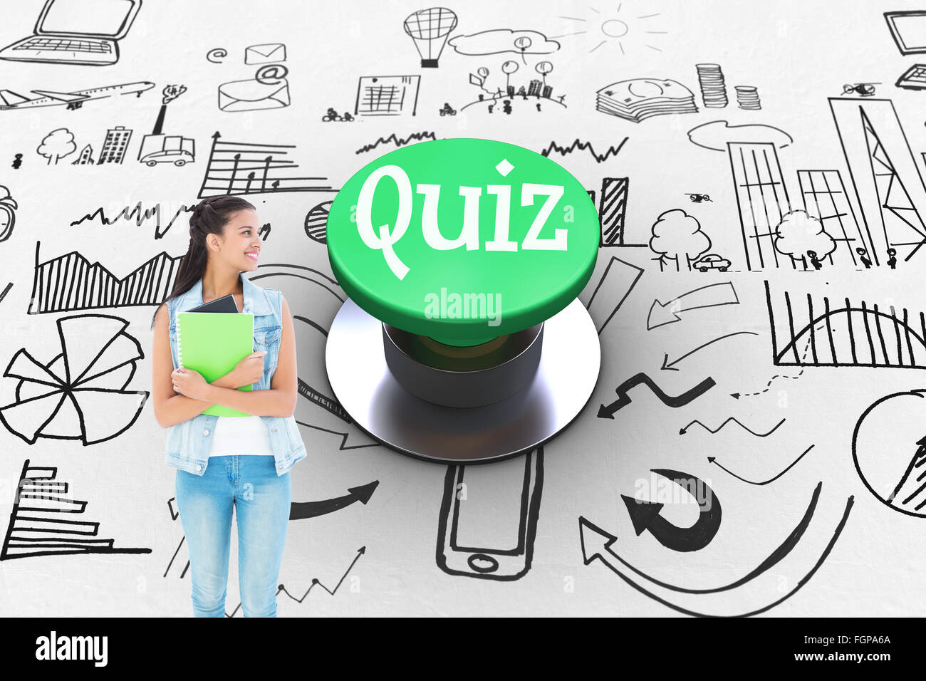Quiz against digitally generated green push button Stock Photo