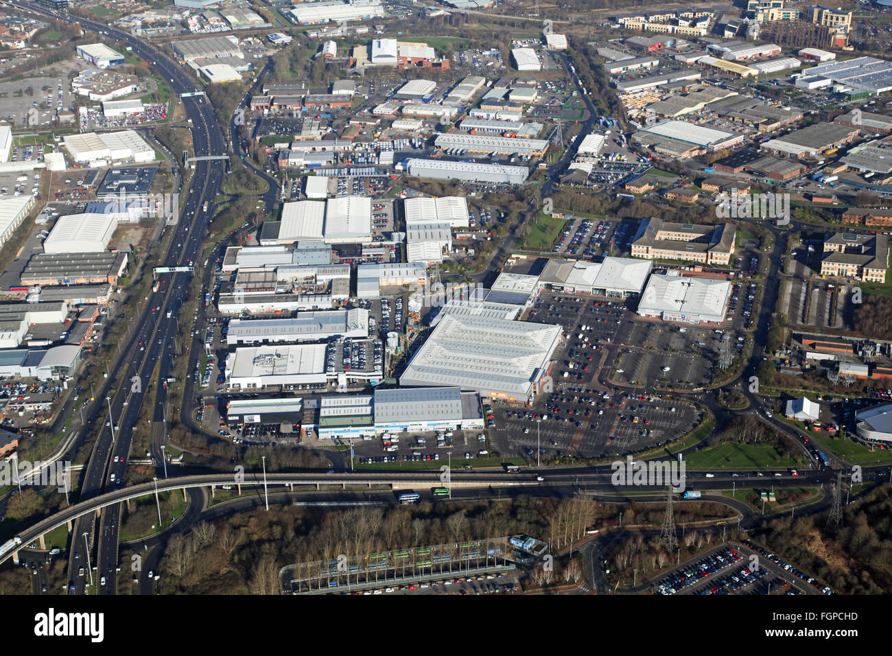 aerial view of Riverside Retail and Riverside Business Park, Lenton Lane, Nottingham, UK Stock Photo