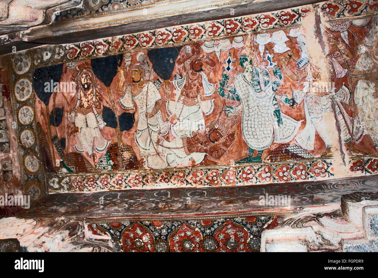 Mural painting illustrating legends from the Ramayana, Mahabharata and Siva Lepakshi Temple, Anantapur District, Andhra Pradesh, Stock Photo