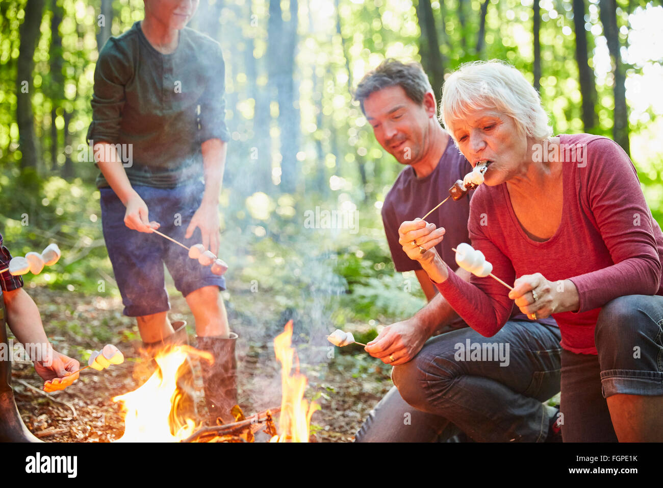 Multi-generation family roasting marshmallows at campfire in forest Stock Photo