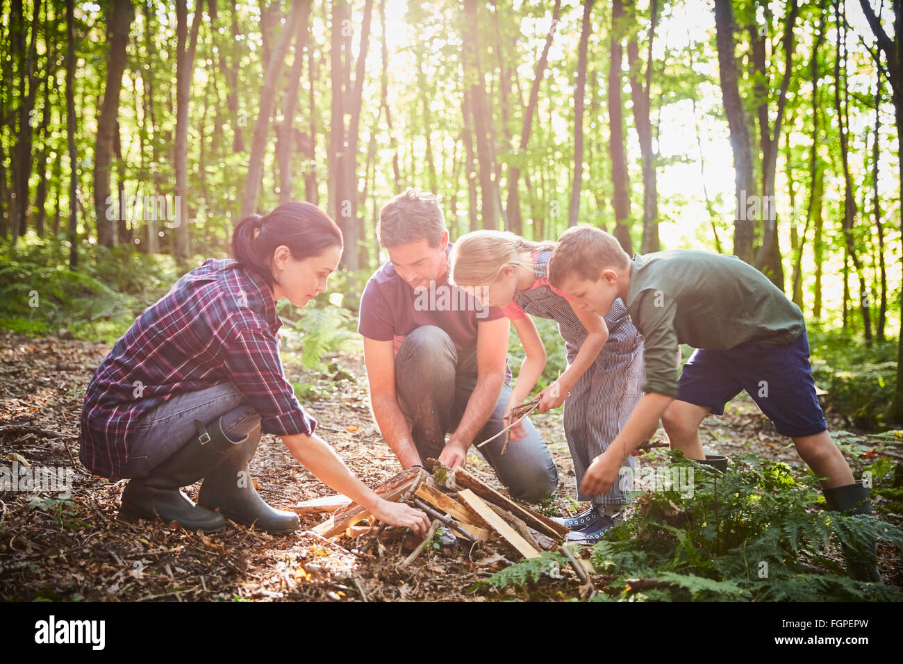 Family building campfire in forest Stock Photo