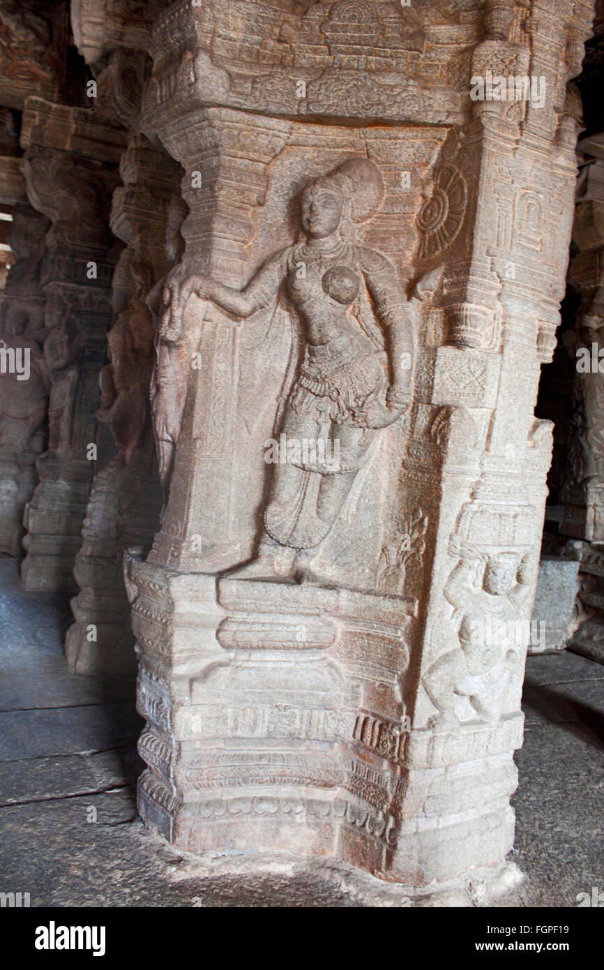 Intricately sculpted pillars inside the Veerabhadra Swamy Temple at Lepakshi, in Andhra Pradesh, India Stock Photo