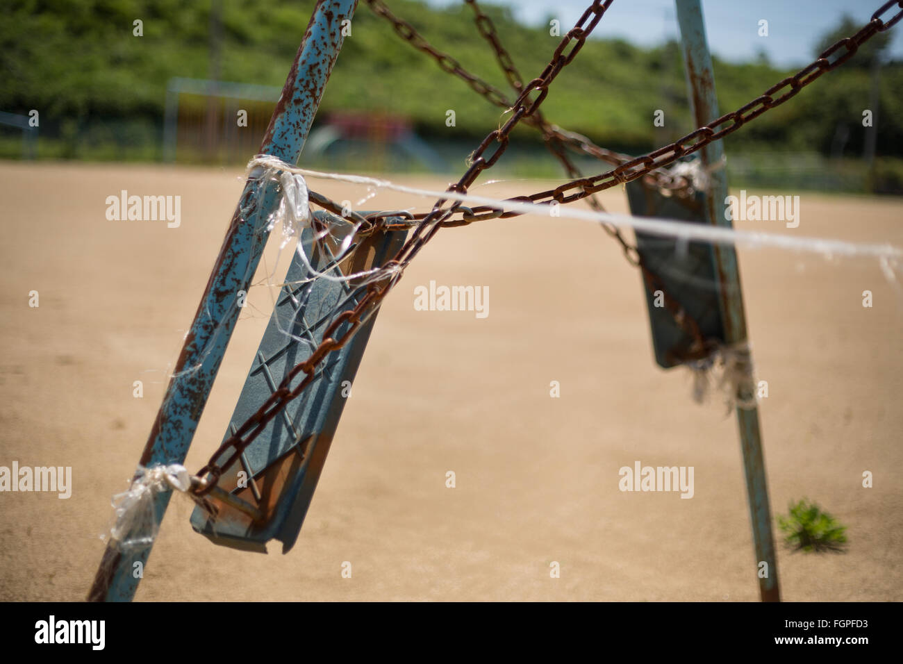 School yard, unused by children, in Iitoi village, in Iitate district, Japan, 14 July 2015. Decontamination work of the radiation spread by the March 2011 explosions at the Fukushima Dai-Ichi nuclear plant. Stock Photo