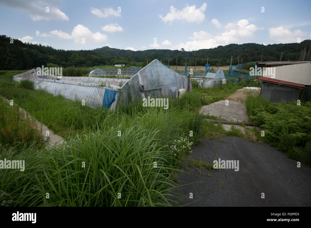 Abandoned village in Iitate district, Japan, 15 July 2015. Decontamination work of the radiation spread by the March 2011 explosions at the Fukushima Dai-Ichi nuclear plant. Stock Photo