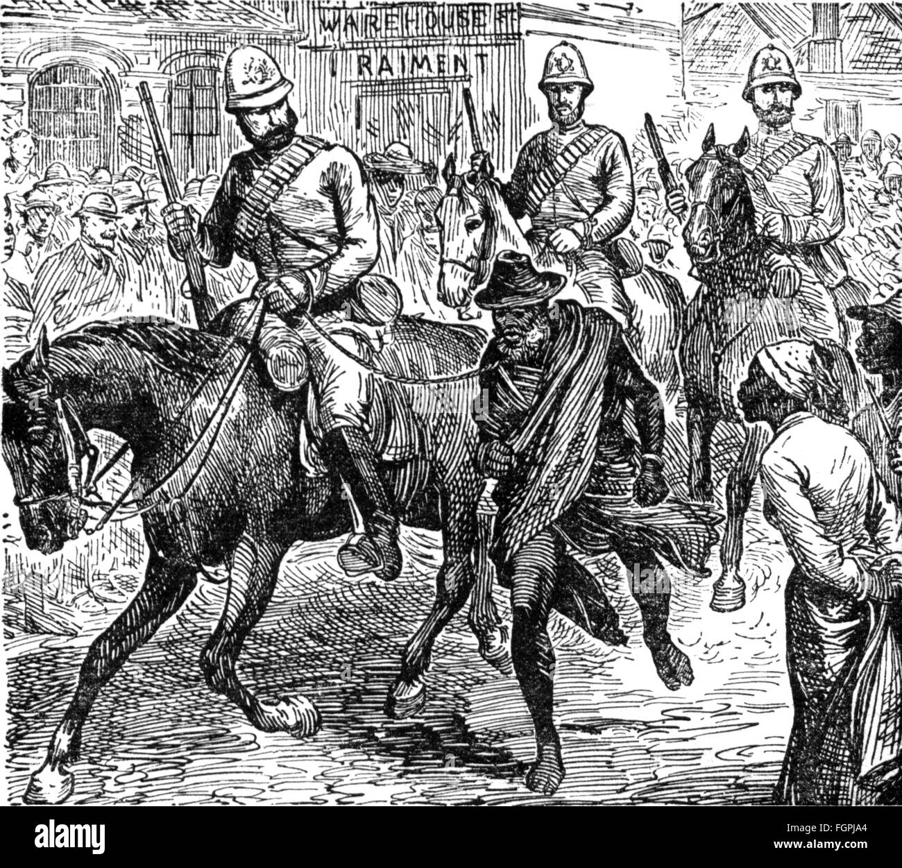 colonialism,Africa,British soldiers leading the chief of an insurgent South African tribe through the streets,wood engraving,19th century,19th century,graphic,graphics,imperialism,colonial supremacy,colonial rule,colony,colonies,South Africa,Great Britain,soldiers,soldier,uniform,uniforms,helmet,helmets,rider,riders,horse,horses,riding,captive,captives,insurgent,insurgents,rebel,rebels,revolter,revolters,tribal chieftain,chieftain of a tribe,tribal chieftains,chieftains,humiliation,humiliations,humiliate,humiliating,moc,Additional-Rights-Clearences-Not Available Stock Photo