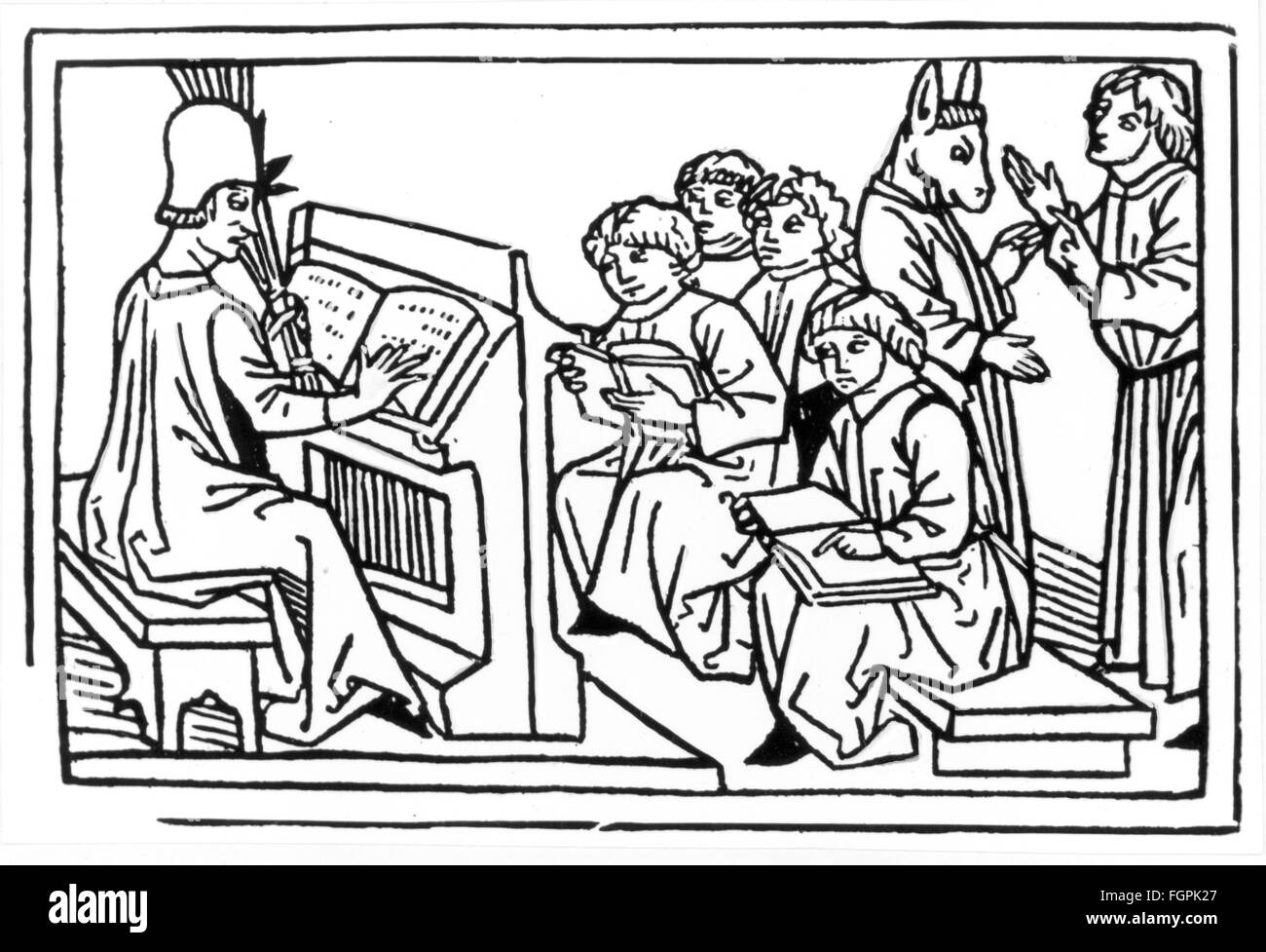 pedagogy, school / lessons / discipline, teacher with pupils, woodcut, out of: Rodericus Zamorensis (1404 - 1470) : 'Speculum Vitae Humanae', print: J.Bämler, Augsburg, 1479, Additional-Rights-Clearences-Not Available Stock Photo