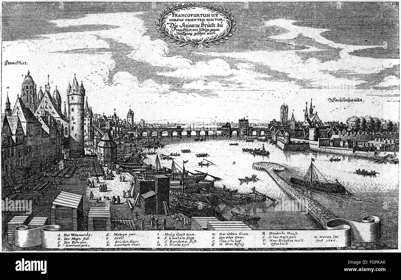 geography / travel, Germany, Frankfurt am Main, view, copper engraving by Matthaeus Merian, 'Topographia Hassiae et Regionum Vicinarum', 1646 / 1656, Artist's Copyright has not to be cleared Stock Photo