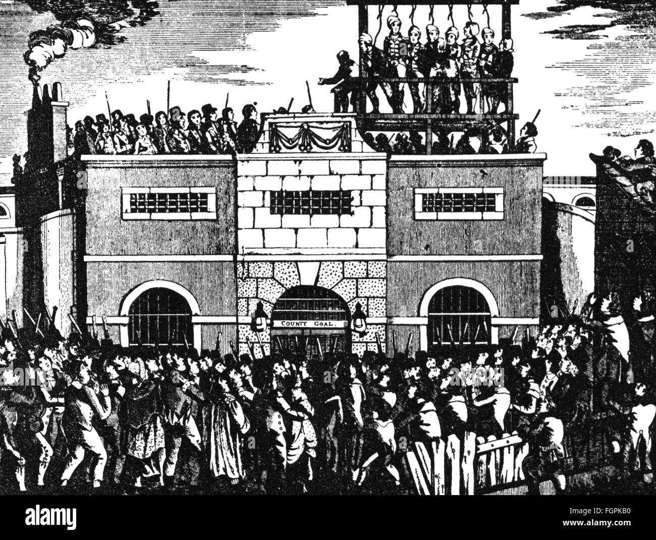 justice, penitentiary system, hanging, public execution on the gallows, Tyburn, engraving, 18th century, 18th century, graphic, graphics, Great Britain, jurisdiction, penalties, punishment, punishments, death penalty, building, buildings, gallows, gibbet, gibbets, viewer, viewers, audience, audiences, hanging, hang, execution, executions, historic, historical, crowd, crowds, people, Additional-Rights-Clearences-Not Available Stock Photo