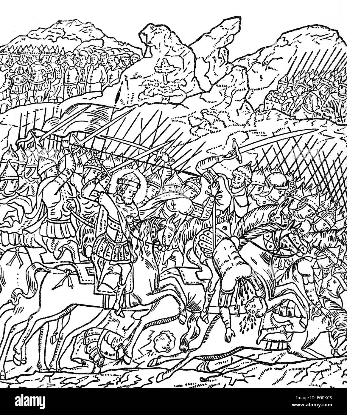 Mongol Raids in Russia 1223 - 1480, Battle of Kulikovo, 8.9.1380, woodcut, 'The Life of the Holy Sergius of Radonezh', 15th century, Additional-Rights-Clearences-Not Available Stock Photo