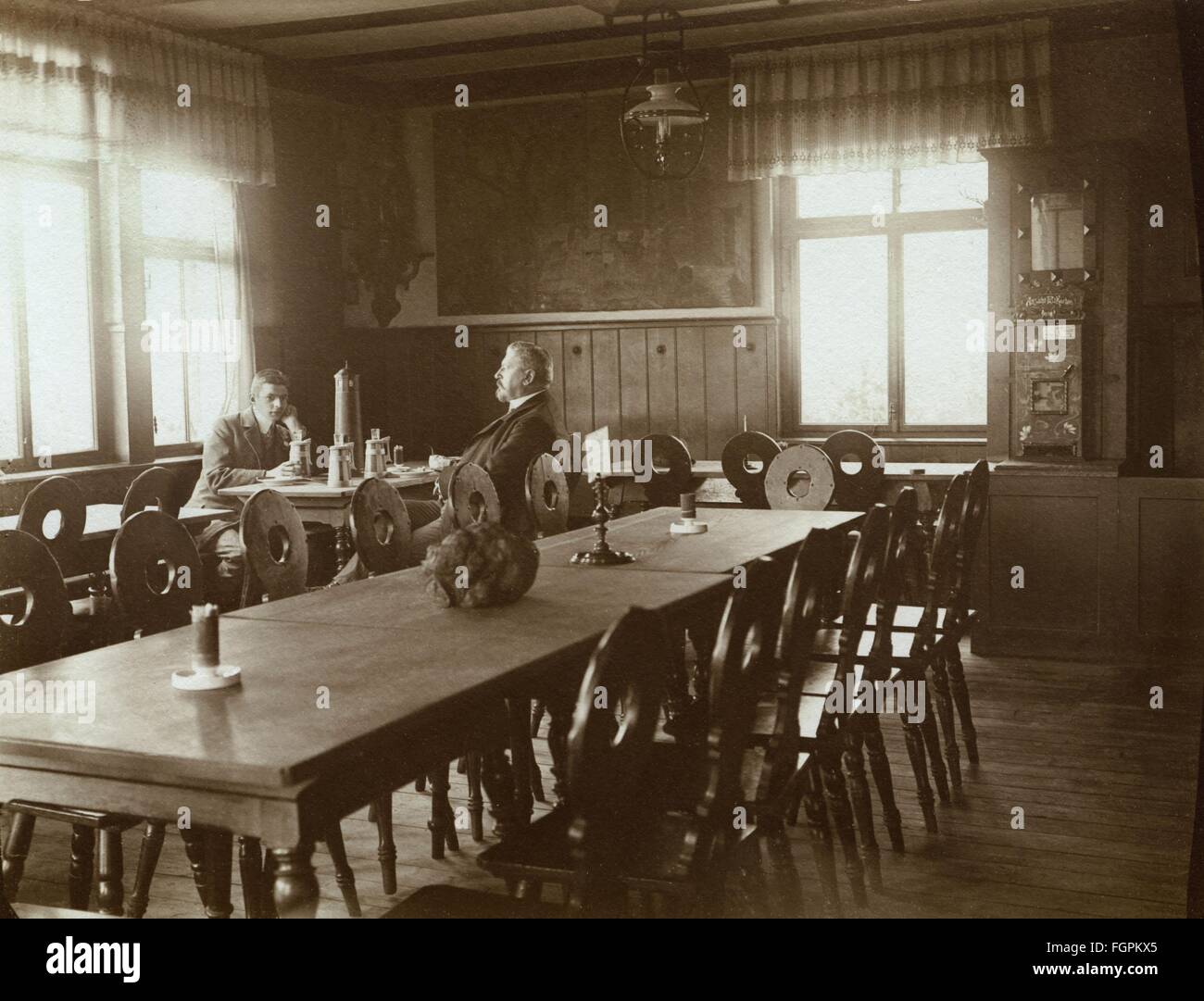 gastronomy, tavern, empty restaurant, only two guests drinking beer, Germany, circa 1911, Additional-Rights-Clearences-Not Available Stock Photo