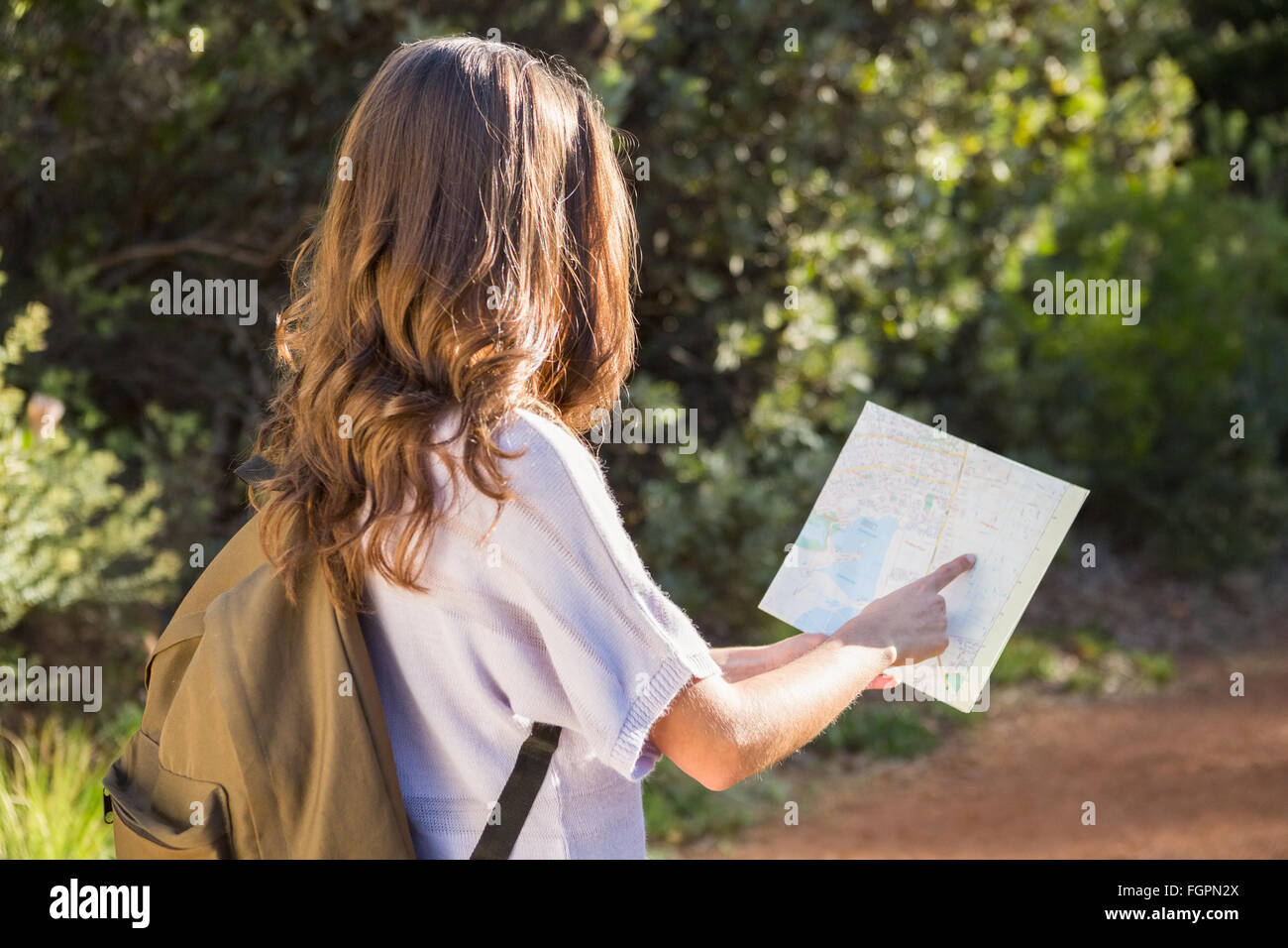 Brunette hiker reading map Stock Photo