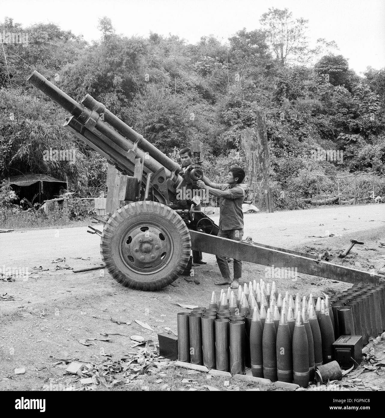 Vietnam War, cannon on the roadside, Luang Prabang, circa 1972 Stock
