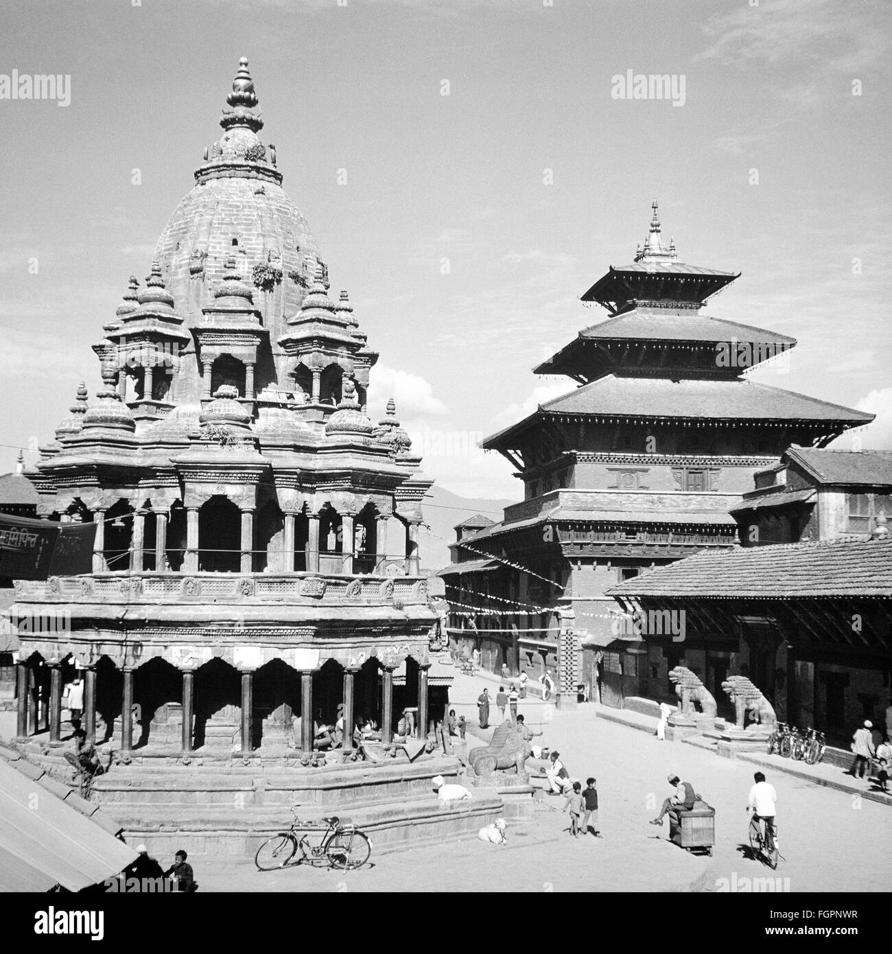 geography / travel, Nepal, Patan, Chyasin Krishna Temple with Mangal Bazar and Royal Palace, Durbar Square, circa 1972, Additional-Rights-Clearences-Not Available Stock Photo