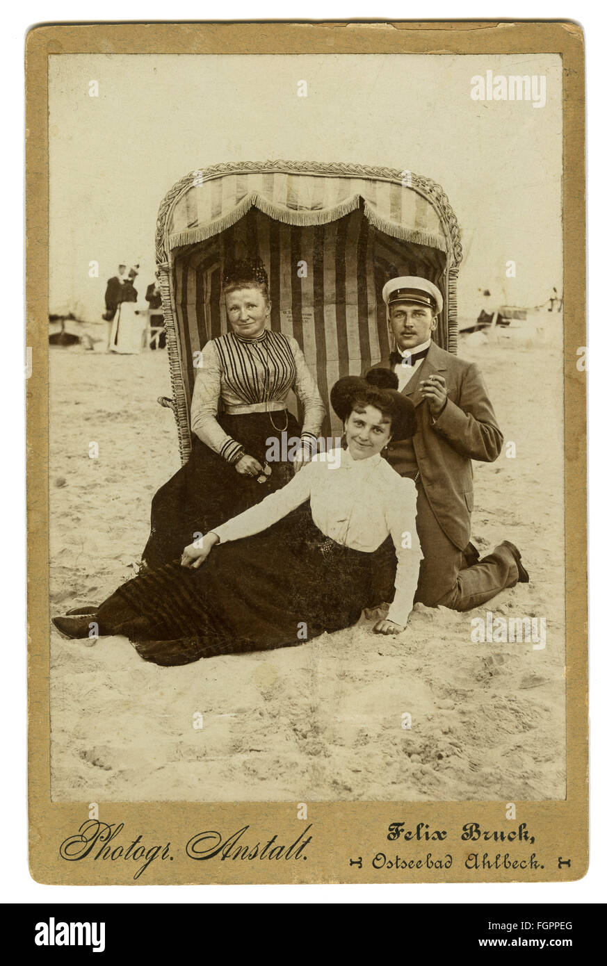 people, vacationer, beach chair with a man and two women, Ahlbeck, Germany, circa 1907, Additional-Rights-Clearences-Not Available Stock Photo