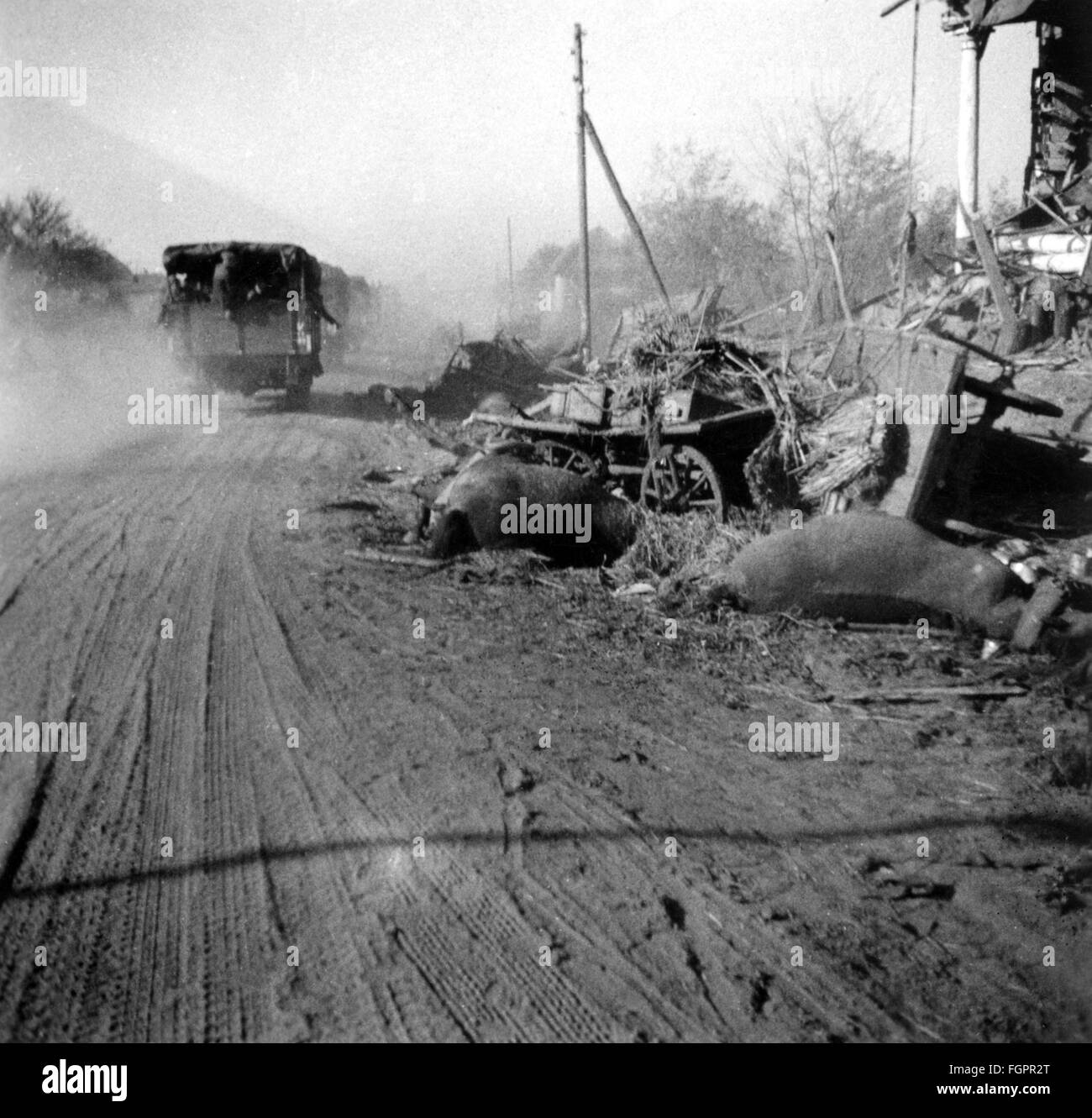 events, Second World War / WWII, Soviet Union, Army Group South, destroyed wagons and dead horses on a road in the Ukraine, summer 1941, Additional-Rights-Clearences-Not Available Stock Photo