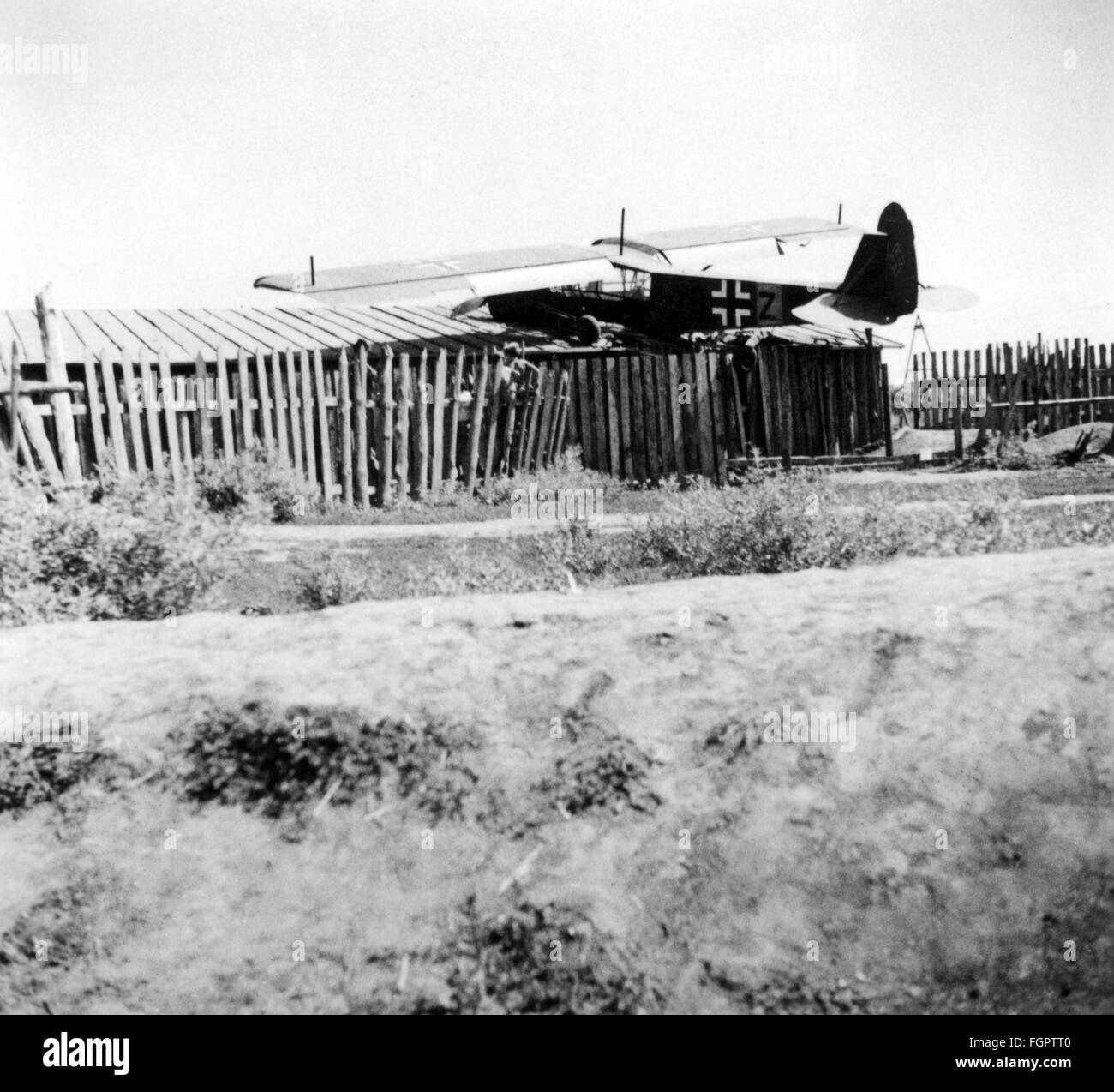 Second World War / WWII, Soviet Union, 1st Panzer Army, Army Group South, Ukraine, summer 1941, liaison aircraft Fieseler Fi 156 'Storch', crash-landed on the roof of a shed, Additional-Rights-Clearences-Not Available Stock Photo