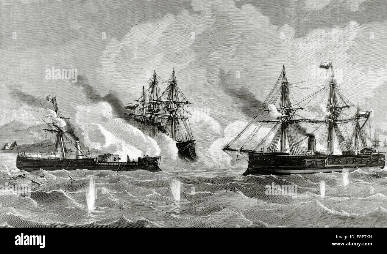 War of the Pacific.1879-1883. Conflict between Chile and Peru and Bolivia. Naval combat. Huascar ship against the Chilean Blanco Escalada and Cocharane ships in port of Mejillones, October 8, 1879. Engraving by Eugenio Vera. La Ilustracion Espanola y Americana, 1879. Stock Photo