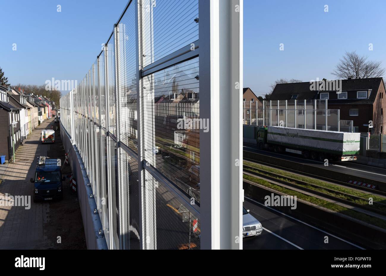 New noise barriers on the A40 in Essen, photo: February 17, 2016. Stock Photo