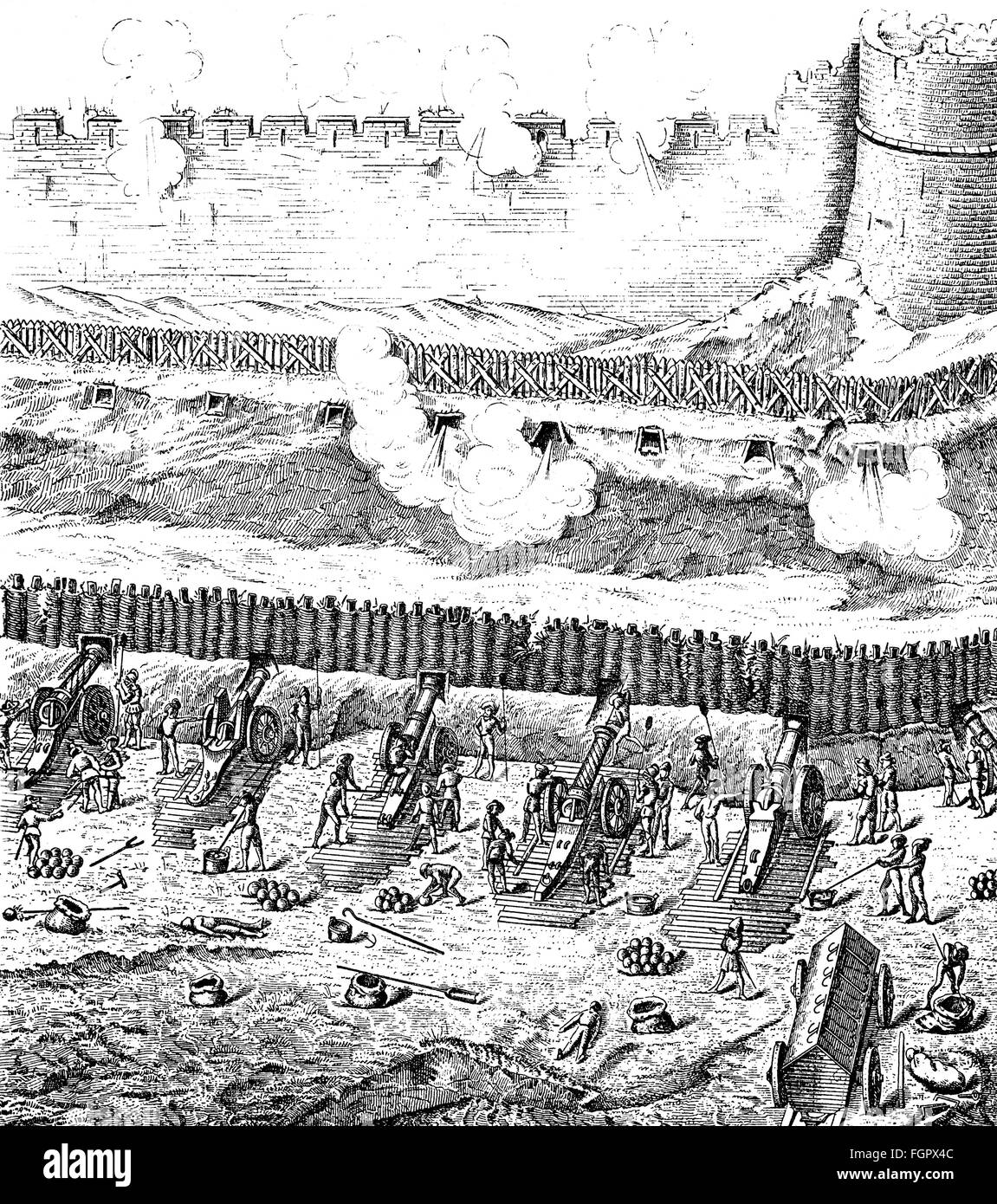 military, siege, artillery firing at a fortress, woodcut, by Hans Burgkmair the Elder, from 'Weisskunig', by Emperor Maximilian I, circa 1514, Additional-Rights-Clearences-Not Available Stock Photo