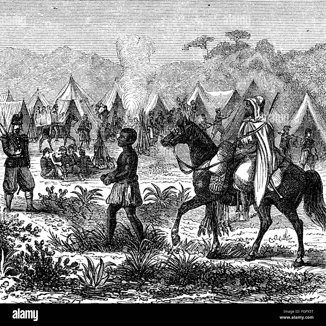 military,France,French Foreign Legion(Legion Etrangere),camp in Algeria,a Spahi brings a prisoner,wood engraving,19th century,bivouac,legionary,legionnaire,legionaries,auxiliary troops,auxilaries,aux troops,ancillary troops,auxiliary forces,Spahis,Sipahi,Sipahis,Africa,Black African,Africans,tent,tents,tent camp,tent camps,rider,riders,cavalryman,cavalrymen,riding,horse,horses,French,colonial supremacy,colonial rule,colonialism,colony,colonies,dependency,dependencies,colonial soldiers,soldier,historic,historical,peo,Additional-Rights-Clearences-Not Available Stock Photo