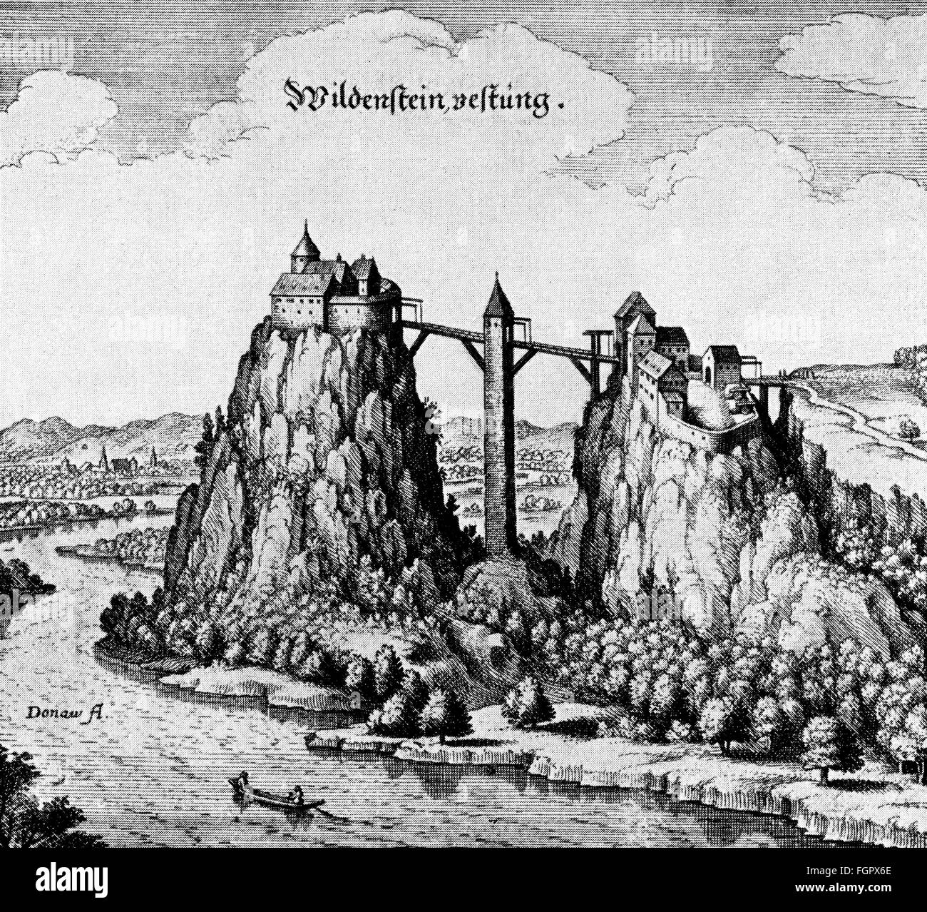 geography / travel, Germany, castles, Wildenstein near Leibertingen, exterior view, copper engraving by Matthaeus Merian, 'Topographia Sueviae', 1643, Artist's Copyright has not to be cleared Stock Photo