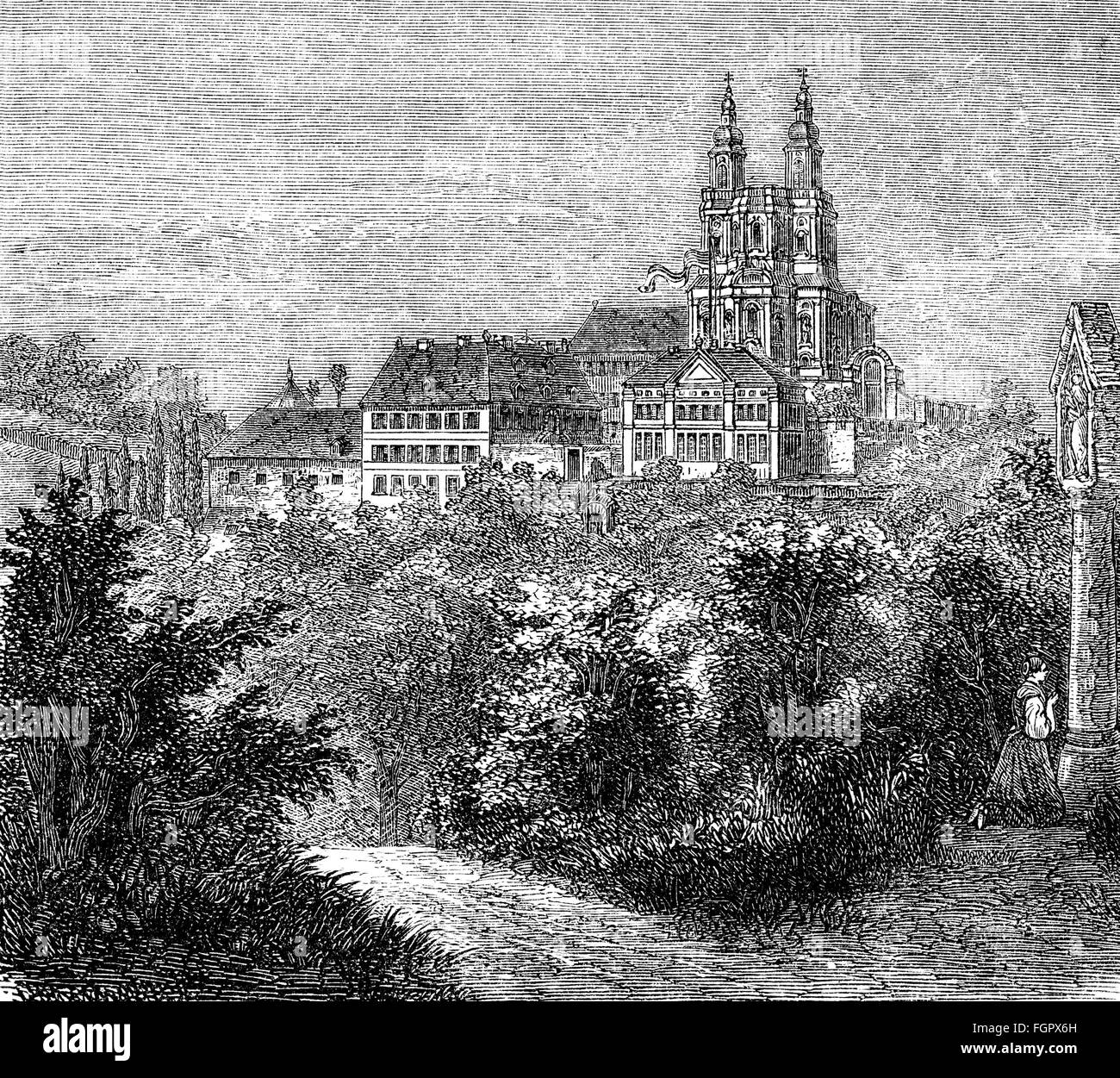 geography / travel, Germany, castles, Banz Castle, exterior view, wood engraving, late 19th century, monastery, Bad Staffelstein, kingdom of Bavaria, Upper Franconia, Imperial Era, German Empire, Central Europe, historic, historical, Additional-Rights-Clearences-Not Available Stock Photo