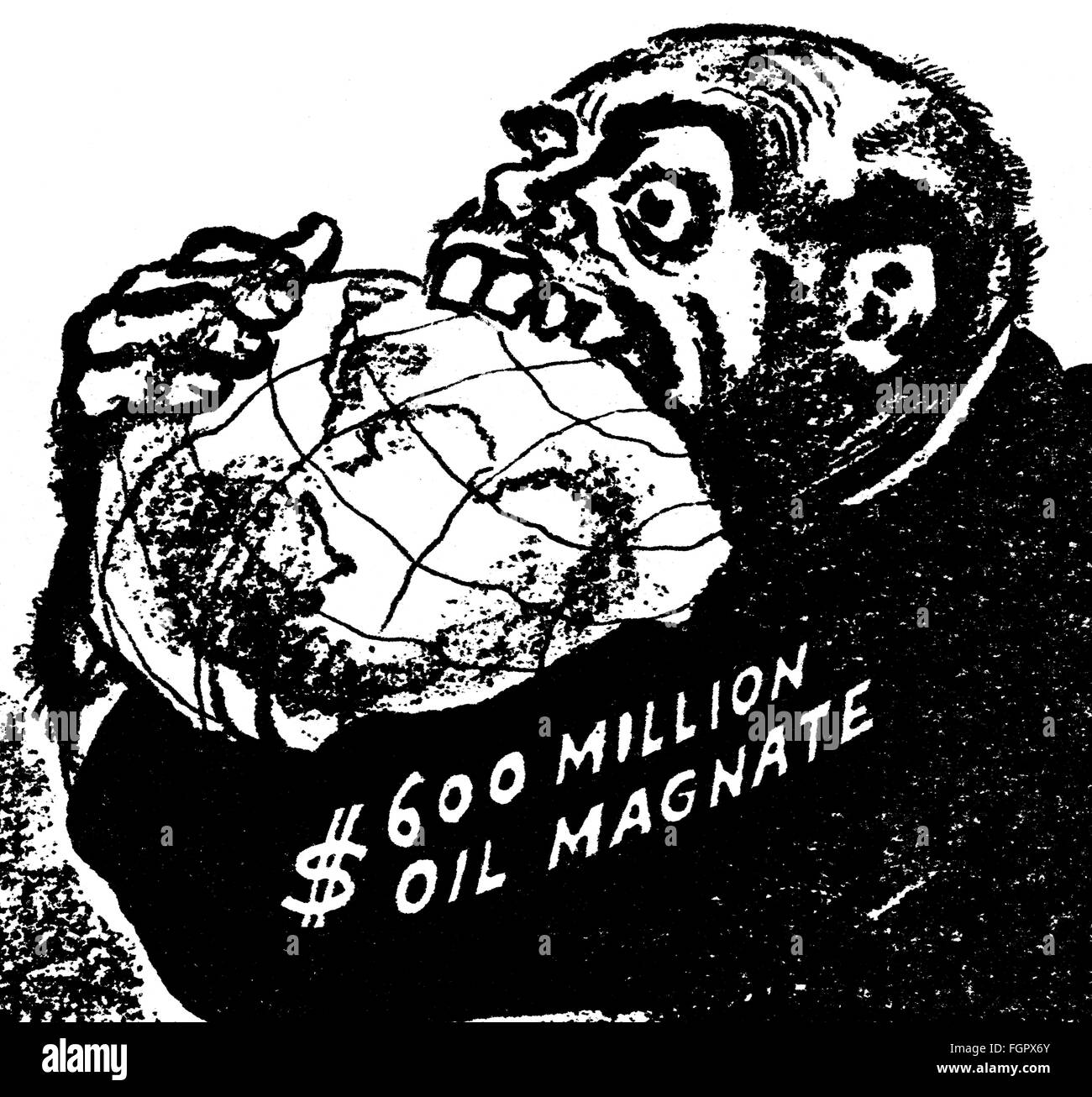 energy, petroleum, American oil magnate devouring the whole world, caricature, from: 'USA in Wort und Bild', Berlin, 1954, Additional-Rights-Clearences-Not Available Stock Photo