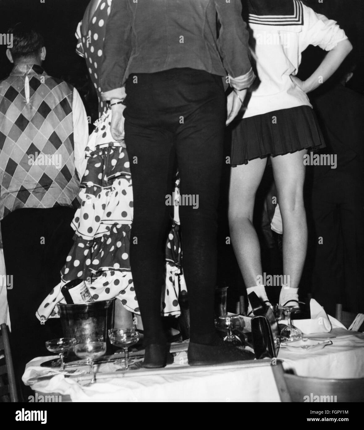 festivities, carnival, feast of the 'Damische Ritter' corporation, guests standing on table, Löwenbräukeller, Munich, 1957, Additional-Rights-Clearences-Not Available Stock Photo