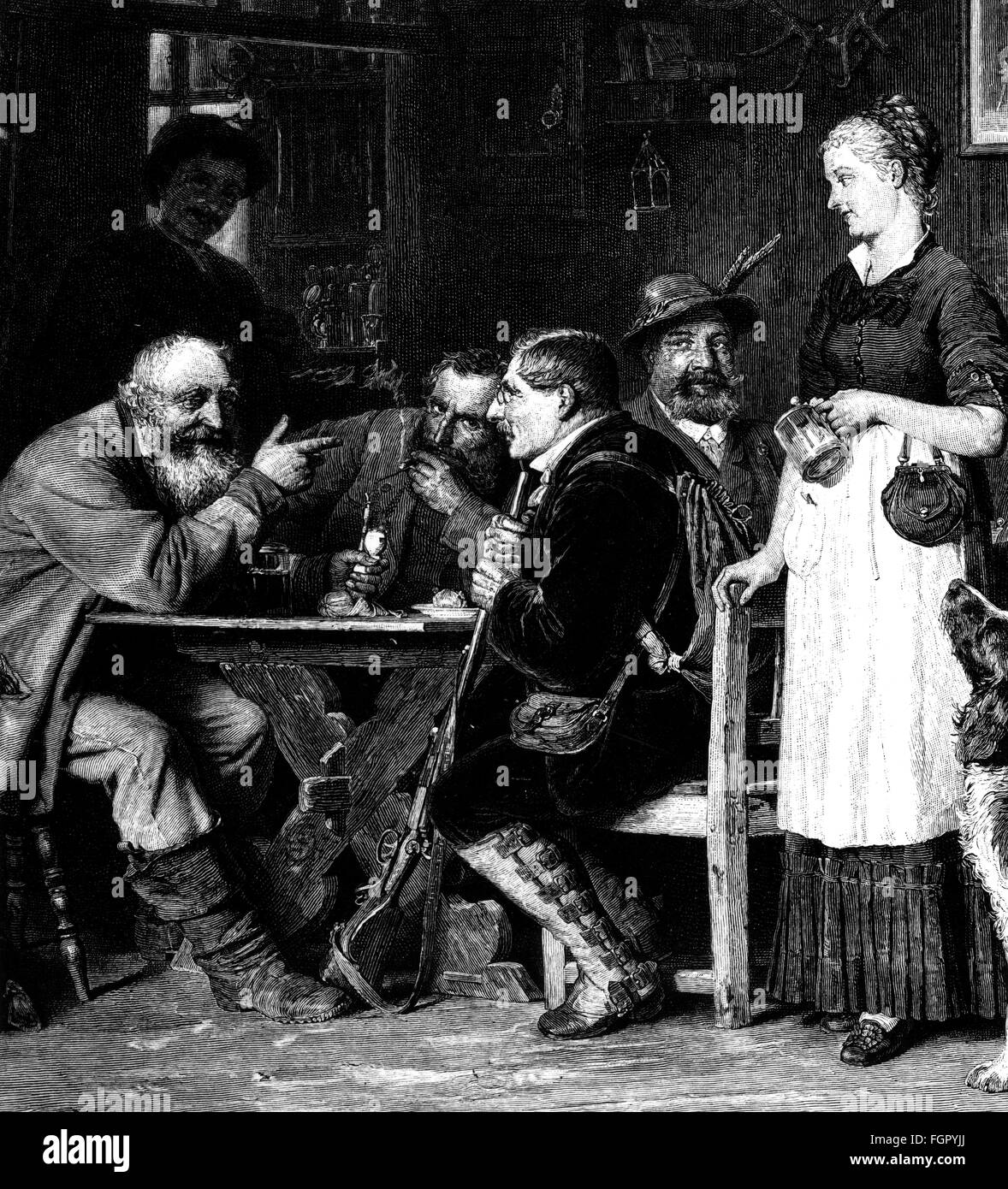 gastronomy, inns, hunting party at the inn, after painting 'Der Sonntagsjäger' (The Sunday hunter), by Eduard von Grützner (1846 - 1925), wood engraving, circa 1880, Additional-Rights-Clearences-Not Available Stock Photo