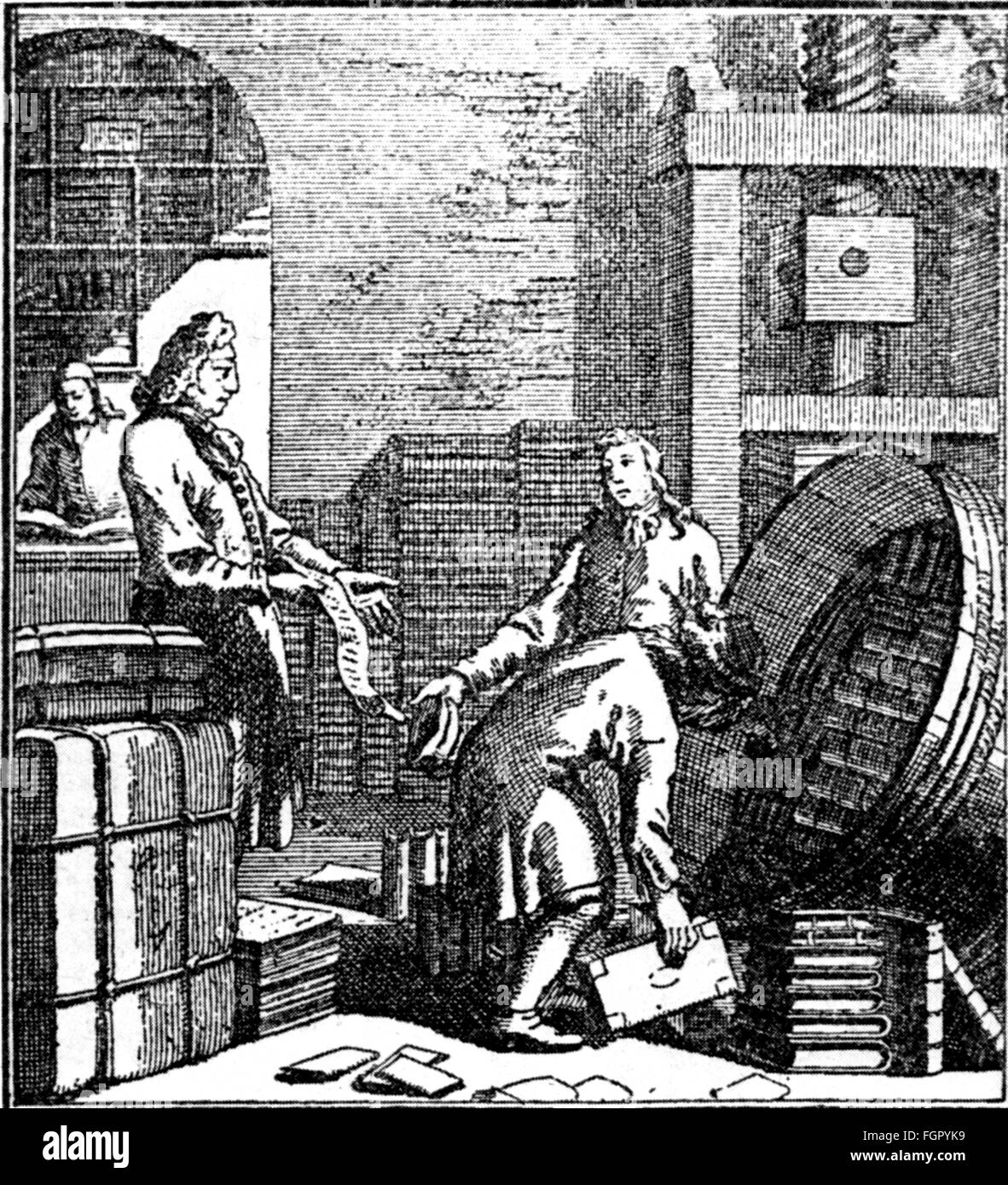 trade,transportation of goods,dispatching of books in a barrel,woodcut,18th century,18th century,graphic,graphics,book trade,bookselling,bookseller,booksellers,dispatch of goods,delayed dispatch,dispatch,despatch,dispatchment,convey,conveying,book,books,barrel,pack,packing,transport,merchant,merchants,assistant,assistants,half length,standing,printing press,press,presses,printed publication,printed publications,piece of printed matter,pieces of printed matter,print,printings,woodcut,woodcuts,historic,historical,male,,Additional-Rights-Clearences-Not Available Stock Photo