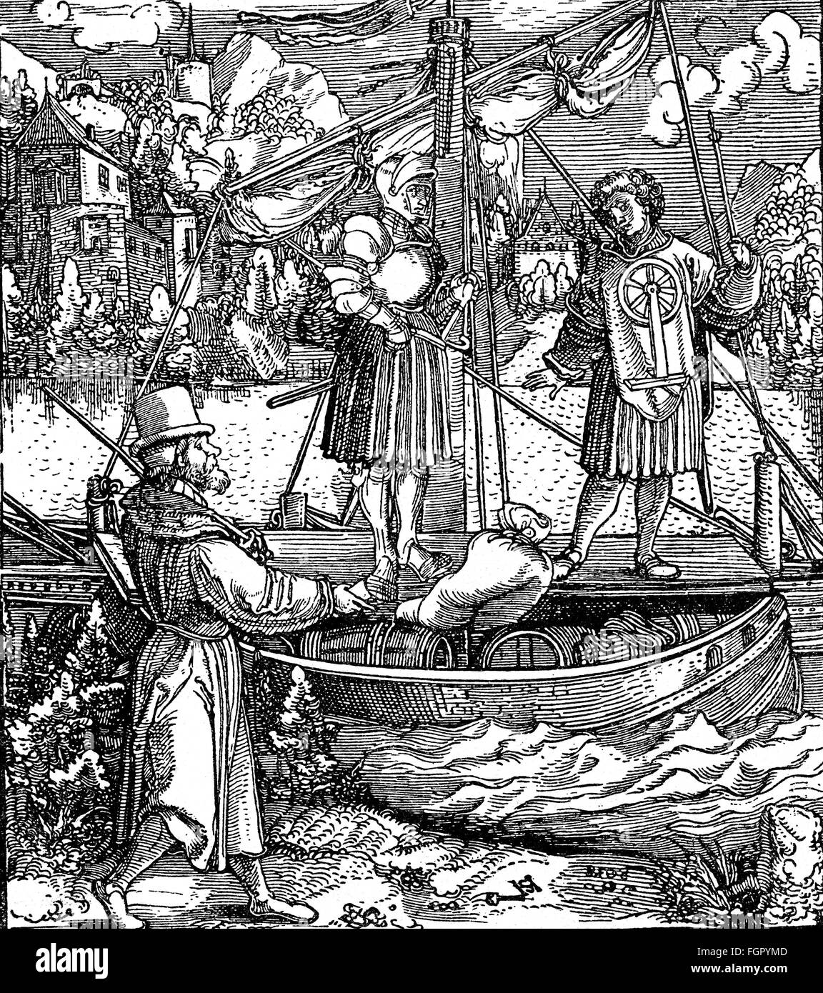 money / finances, interest and taxes, charge of road toll, woodcut, by Hans Schäufelin (circa 1480 / 1485 - circa 1538 / 1540), from: 'Theuerdank', Nuremberg, 1517, Additional-Rights-Clearences-Not Available Stock Photo