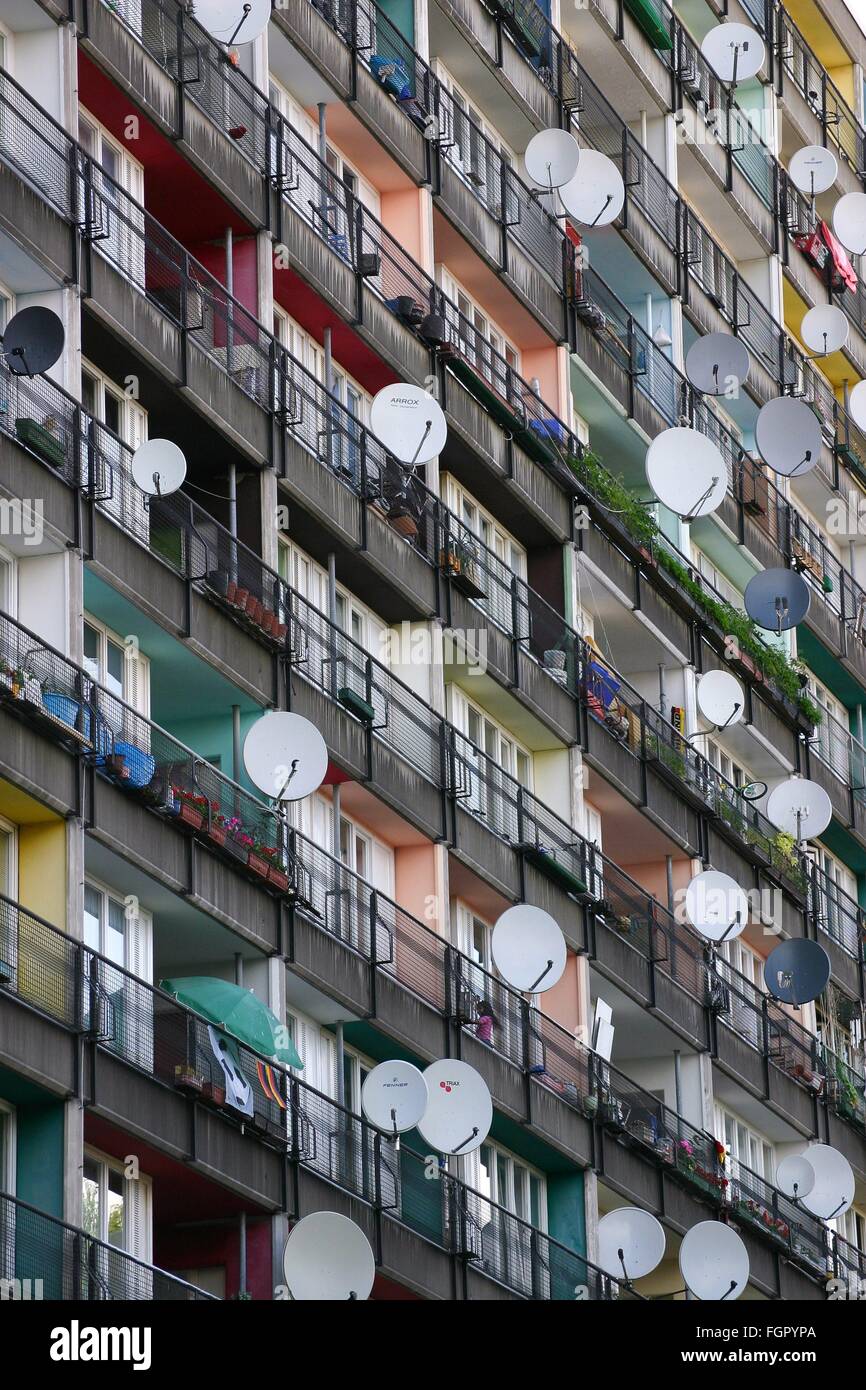 plenty of satellite dishes on the facade of an appartment house, photo: June 29, 2006. Stock Photo