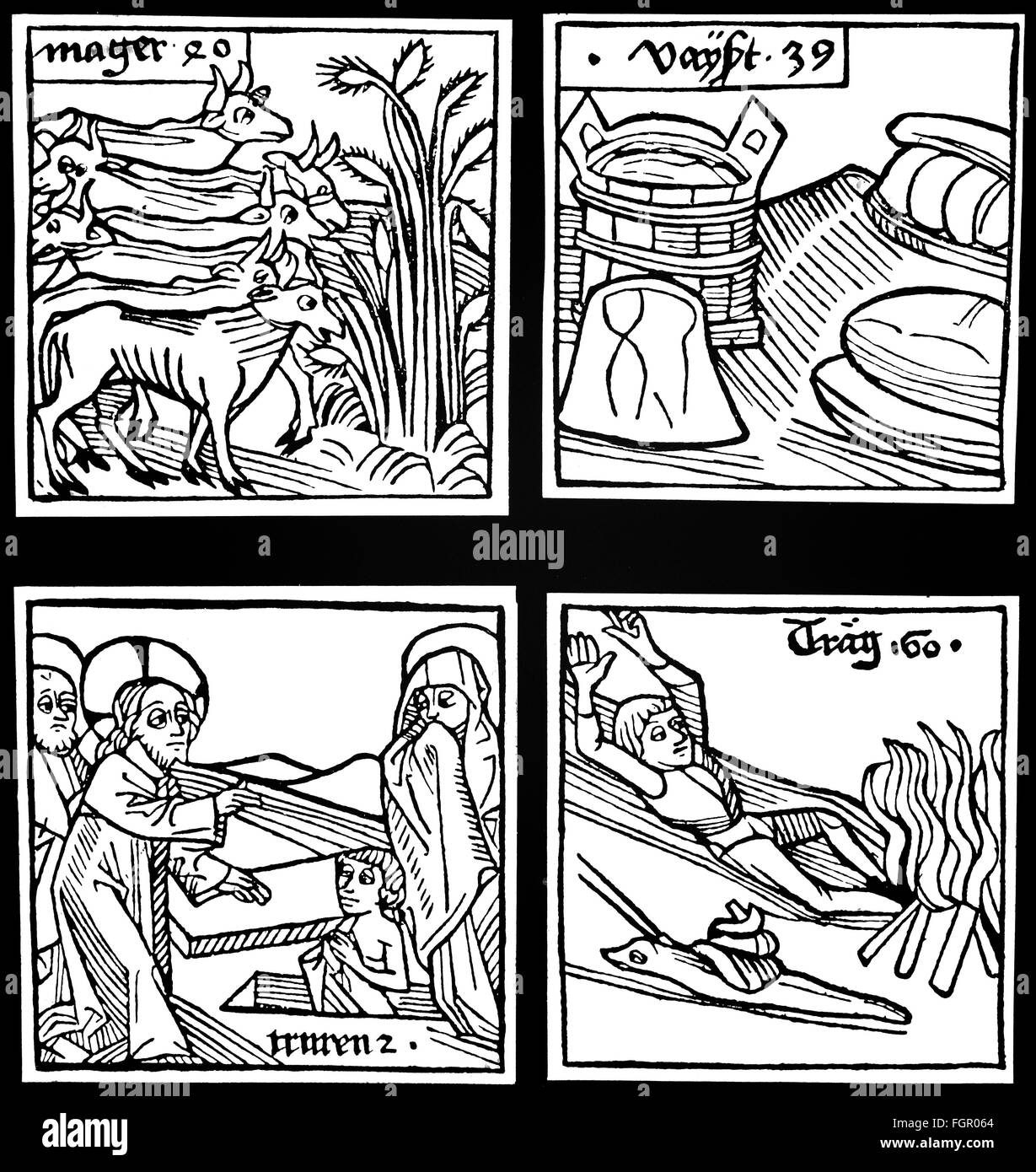 literature, Middle Ages, allegories of 'meager', 'fat', 'mourning', 'idleness', woodcut, from: 'Ars memorativa' by Jakobus Publicius, printed by Anton Sorg (1430 - 1493), Augsburg, Germany, circa 1490, private collection, Additional-Rights-Clearences-Not Available Stock Photo