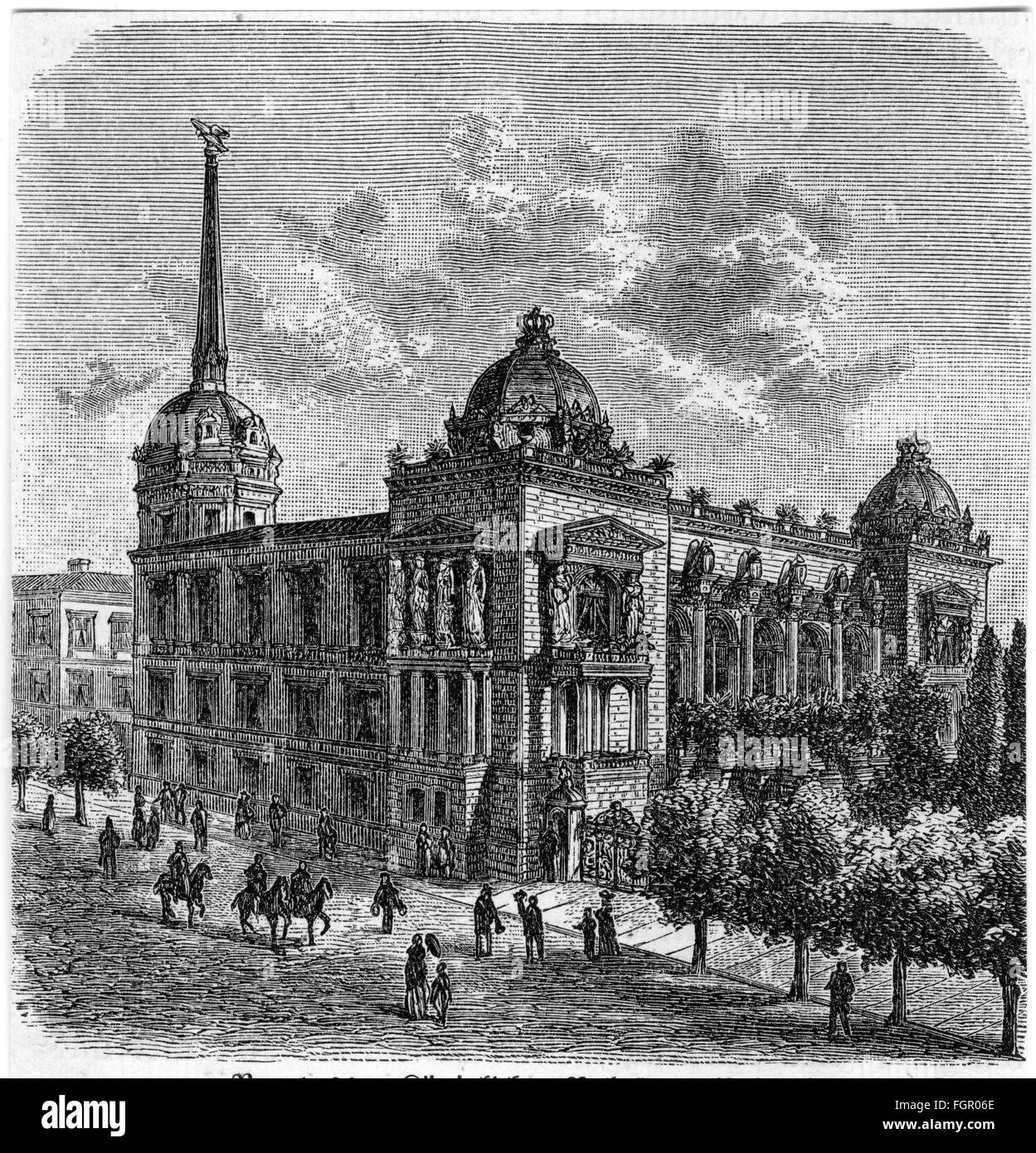 geography / travel, Serbia, Belgrade, castles, Old Castle, built 1882 - 1884, architect: Aleksandar Bugarski, exterior view, wood engraving, 1893, Beograd, building, buildings, architecture, academicism, Obrenovic, Kingdom of Serbia, Europe, Southeastern Europe, the Balkans, 19th century, historic, historical, people, Additional-Rights-Clearences-Not Available Stock Photo